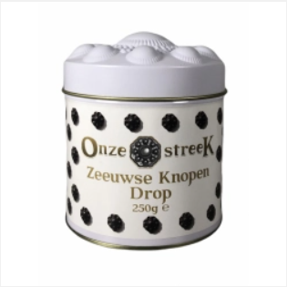 Tin with Zeeuwse knop liquorice white (250 gram)